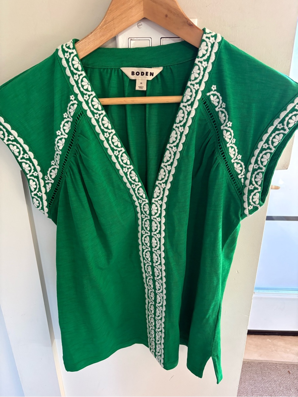 Boden Green V-Neck Tee with White Embroidered Trim